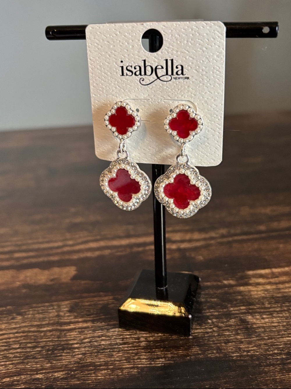 Red Clover Double Drop Silver Tone Earrings